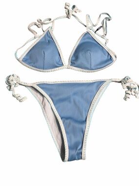 Zaful Blue Ribbed Triangle Bikini with Cream Trim